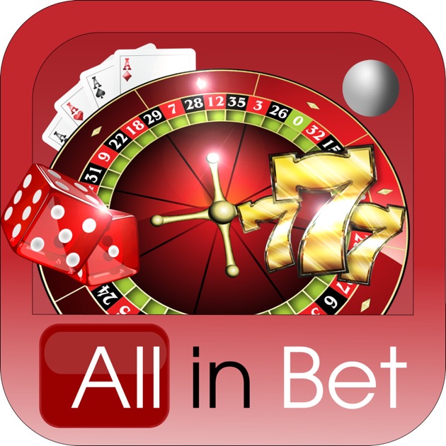 L'icona/logo dell'app 'All in Bet' con un design a tema casinò che presenta una ruota della roulette, dadi rossi, carte da gioco (che mostrano assi) e simboli dorati '777' delle slot machine su sfondo rosso. Il testo 'All in Bet' appare nella parte inferiore in lettere bianche e nere.